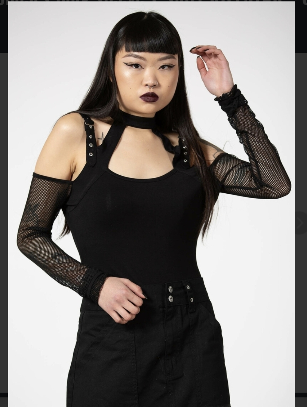 Killstar Ur Punk Black Cold-Shoulder Top with Fishnet Sleeves Size XS